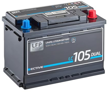ECTIVE - LiFePO4 Lithium-Eisenphosphat Dual Batterie LC105 12V 105Ah 1344Wh 1100A - Starterbatterie & Versorgungsbatterie bis -20°C mit BMS-System - Start- & Aufbaubatterie für Boote, Van, Camper