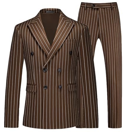 MOGU Mens 3 Piece Double Breasted Suit White Pinstripe Slim Fit Vintage Groomsmen Wedding Prom Tuxedo