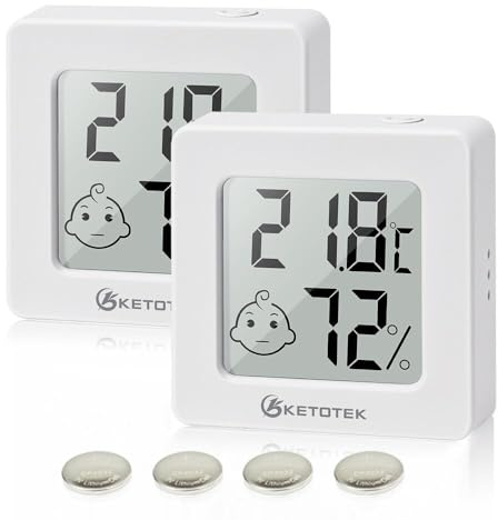 KETOTEK Digitales Thermo-Hygrometer 2 Stück Raumthermometer Innen, Weiß | Mini Hygrometer, Thermometer, Luftfeuchtigkeitsmesser, mit Raumklima-Indikator, für Babyzimmer, Wohnzimmer, Gewächshaus