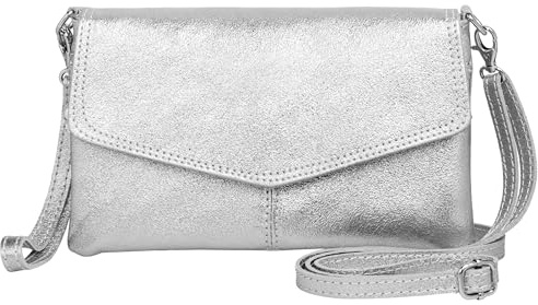 Caspar Elegante Leder Clutch Abendtasche aus samtweichem Nappaleder Damen Umhängetasche - PREMIUM LINE - Modell No.322 - Made in Italy, Farbe:silber metallic, Accessoires:One Size