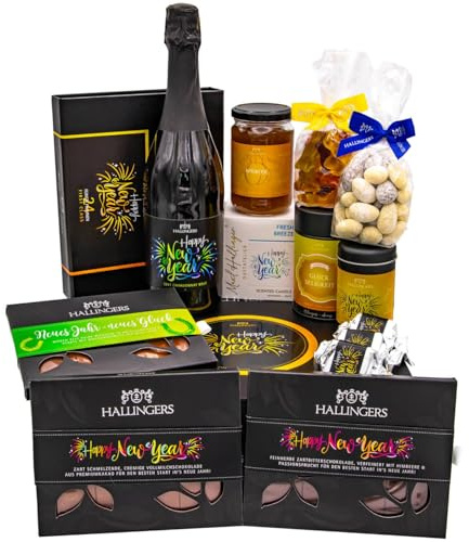 Hallingers Genuss Manufaktur Feinkost Weihnachts-Geschenk-Set - XXL-Geschenkkorb Happy New Year große Selektion Sekt, Konfitüre, Duftkerze, Nougat, Schoki, Pralinen & mehr, Weihnachten für Frauen