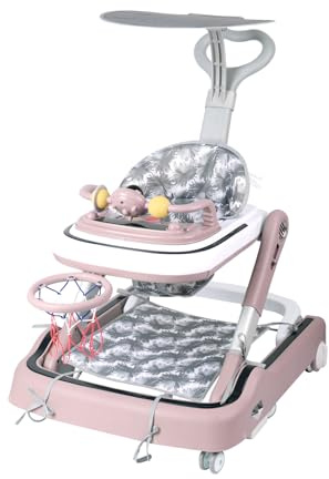 Homewell 3in1 Lauflernhilfe mit Basketballkorb, Markise und Musik, Baby Gehwagen Klappbar, Gehfrei, 3 einstellbare Geschwindigkeiten, Laufstuhl Laufhilfe babys ab 6 Monaten (Rosa)