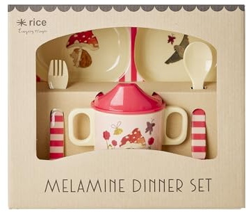 Rice Baby Geschirrset Geschenkbox - Teller mit 4er-Einteilung, Trinkbecher mit Henkeln, Besteck (Löffel und Gabel) - pink - Happy Forest Print, Melamin BPA-Frei