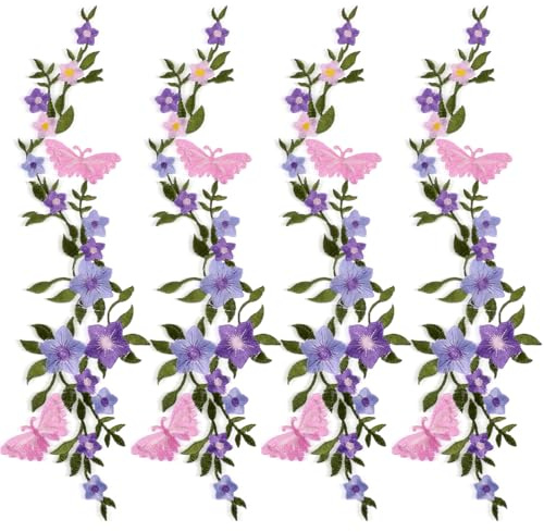 4PCS Butterfly Flower Embroidered Patches, Long Floral Iron on Appliques, Iron-On/Sew-On Patches, Wisteria Repair Patch for Dress, Bag, Pant, Jacket, Jean, Hat, Shirt (Pink Butterfly + Purple Flower)