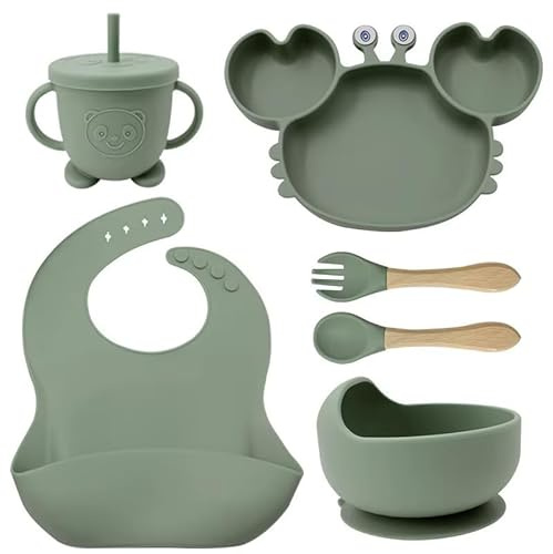 Eliano Silikonbestickset med krabbtallrik, 6 delar – tallrik och skål med sugkopp, mugg med sugrör, sked, gaffel och haklapp – BPA-fri, diskmaskinssäker – från 6 månader (grön)