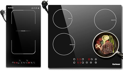 Karinear Piano Cottura Induzione 4 Fuochi e 2 Fuochi, Confezione da 2, 59 x 52 cm e 29 x 52 cm Piastra Induzione Elettrico, con Spina, 3500W, 9 Power Comandi Toccare, Blocco di Sicurezza, Timer, Lock