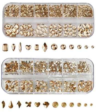 2 Scatole Di Strass Per Unghie In Oro Champagne, Diamanti In Cristallo Lucido A Fondo Piatto, Decorazione Fatta A Mano Per Nail Art Fai-Da-Te, Decorazione Per Il Trucco Degli Occhi.