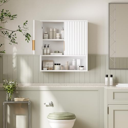 Bonnlo Fluted Bathroom Wall Cabinet, Wooden Wall Mounted Medicine Cabinet | 2 Fluted Doors,Open Compartments and Adjustable Shelf, Storage Organiser Over Toilet for Living Room Kitchen Laundry,White