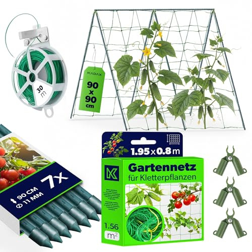 KADAX Gurkor, växthjälpsset – 7 x växtstavar 90 cm, ranknät 1,8 x 1,8 m, 3 x växtstavsanslutningar, 30 m trädgårdstråd – gurkgaller, spaljé