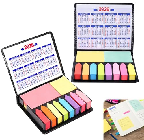 Klistermärken set med 2 stycken stycken uppsättningar, 12 färger självhäftande lappar, 2 format post it smal och stor, kalender 2026, självhäftande remsor pastell med förpackningslåda, pilform, för