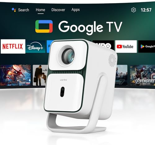 WANBO T2 Ultra Smart Beamer Google TV Netflix, Mini Heimkino Projektor, Native 1080P 500 ANSI Kurzdistanz, Live TV, KI Autofokus Auto-Trapez, Versiegelte Optik, 10W Speaker, 30dB leise, 120° drehbar