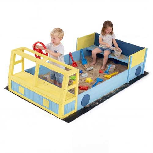 COSTWAY Kids Sandbox, 170 x 100cm Wooden Sand Pit with Bench Seat, Bottom Liner & Rotatable Rudder, Large Car-Theme Outdoor Sand Box Playset for Garden Backyard Beach