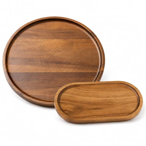 2 Stück Holztablett Set, Tablett Holz, Holztablett Rund und ovales Serviertablett, Holz Tablett für Kaffee, Tee, Dessert, Schmuck, Kerzen, Bad