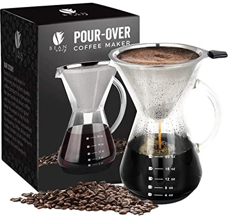 Bean Envy Caffettiera Pour Over – Caraffa in vetro borosilicato – Filtro senza carta in acciaio inox antiruggine – Include custodia in silicone personalizzata