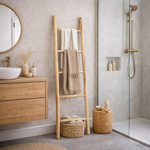 LEBENSwohnART KEPALA Deko-Leiter 150 cm, Teak Handtuchhalter, Natural | Kleiderständer aus unbehandeltem Holz, ca. 50x150 cm, für trockene Textilien und dekorative Wohnaccessoires