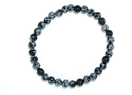 Taddart Minerals – Schwarzes Armband aus dem natürlichen Edelstein Schneeflocken-Obsidian mit 6 mm Kugeln auf elastischem Nylonfaden aufgezogen - handgefertigt