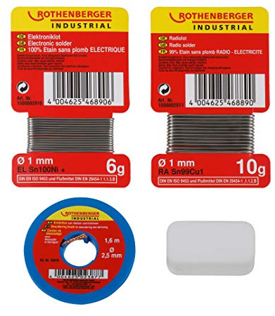 ROTHENBERGER Industrial Elektronikset | 1 x Salmiakstein, 1 x Entlötlitze | 1 x Elektroniklot 6 g | 1 x Radiolot 10 g | Lötarbeiten in Elektrotechnik, Fernmeldebau und Miniaturtechnik | 1500002912