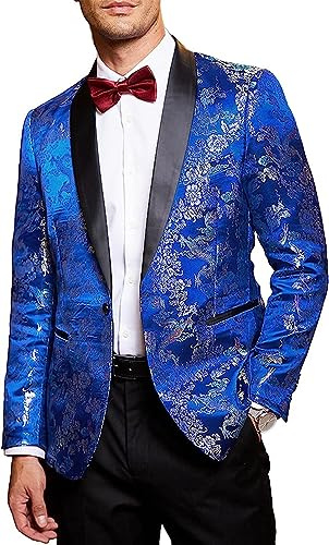Coofandy Herr blommig tuxedo jacka lyx broderad kostym bröllop kavaj middag tuxedo för fest, 001 blå, XXL