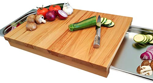 Schneidebrett KERNBUCHE Massivholz mit Edelstahlschubladen Holzbrett Grill-Schneidbrett Servierbrett Brett Käsebrett Brotschneidebrett (44,7x37cm mit je einem 1/3 und 1/2 GN-Behälter)