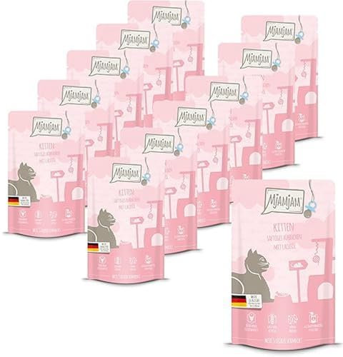 MjAMjAM - Premium Nassfutter für Katzen - Quetschie - Kitten saftiges Hühnchen mit Lachsöl, 12er Pack (12 x 125 g), getreidefrei mit extra viel Fleisch