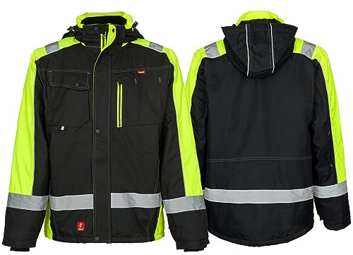 Safety 1st Urgent Arbeitsjacke URG-GL8365 isoliert Warnung abnehmbare Kapuze Reißverschluss Funktionsjacke Taschen reflektierende Winter Outdoor Trekking Herren Damen Schwarz Gelb (XL)