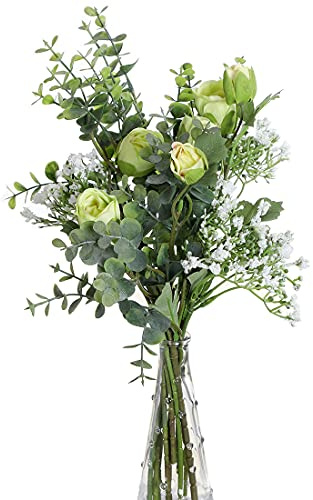 huaao 2pcs Künstliche Seidenblumen Rosa wie echt Kunstblumen Schleierkraut Eukalyptus Blumenstrauß Pflanzen Blumenarrangements Hochzeit Rosen für Tischdeko Büro Balkon Dekoration Grün