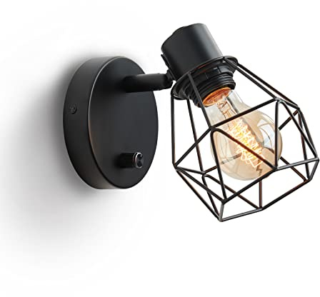 Lightess Wandleuchte mit Schalter Wandlampe Schwarze Wandleuchte Innen Dimmbare E27 Metall Retro Käfiglampe flur Schlafzimmer Wohnzimmer mit Drehbaren Lampenschirm(Ohne Glühbirnen)