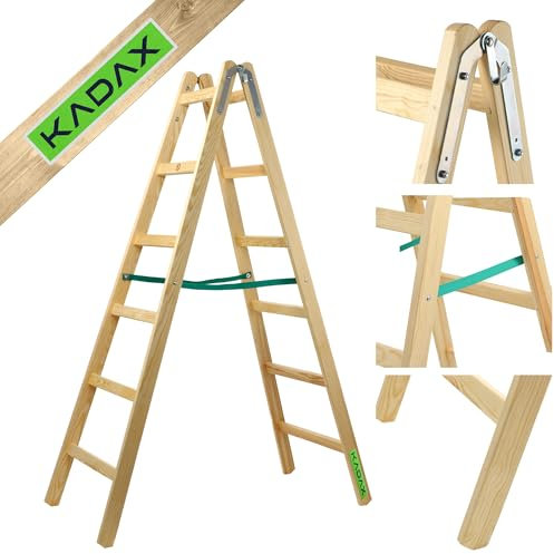 KADAX Scala a Pioli Doppia in Legno di Pino Impregnato, Scaletta Pieghevole con Gancio in Acciaio e Certificata EN 131, Fino a 150 kg (6 Gradini)