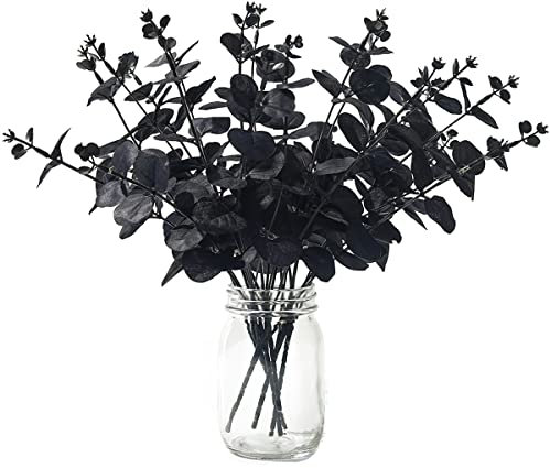 Laelfe Branches Eucalyptus Artificiel Noir Faux Tiges D'eucalyptus Artificielles pour Décorations d'halloween, Fêtes Gothiques, Mariages (6 Pcs, Noir)