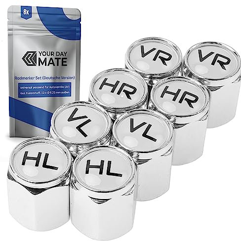 Ventilkappen aus Hartplastik, 8 Stück, in Silber, mit Beschriftung für Deutschland, für Auto BZW. Schrader Ventile, Reifenmarkierer PKW, Radmerker Ventil Kappen mit Dichtung, Reifenwechsel Valve Caps