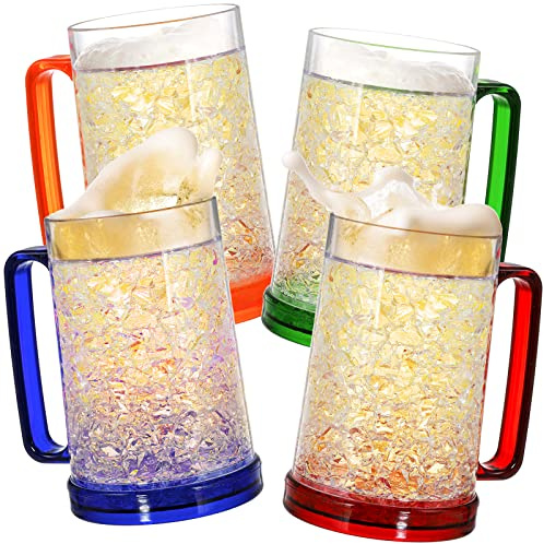 Fasmov Freezer Beer Mugs, 4 Pack Double Wall Gel Frosty Freezer Ice Mugs, Plastic Beer Mugs With Handles for Parties and Gifts, 16oz (Blue, Red, Orange and Green)