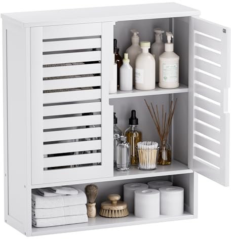 SMIBUY Badezimmerschrank Wandmontage, Bambus über der Toilette Lagerung Veranstalter, Platz sparende Medizin Schrank mit 2 Türen und verstellbaren Regalen (Weiß)