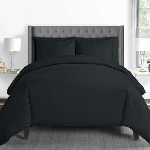 Pizuna Bettwäsche 200x200 + 80x80 Baumwolle Schwarz 600 Fadenzahl | 100% Langstaple Baumwolle Bettbezug und Kissenbezug, Mako Satin 3-Teilig Bettwäscheset 200x200 + 80x80 Schwarz Mako Satin