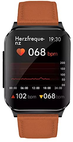 Knauermann Pro 2 Plus (2023) Schwarz - Gesundheitsuhr Smartwatch - OSRAM Sensoren - Brustkorb EKG + HRV Funktion - BT Bluetooth - Schlafapnoe - Blutdruck - Lederfaserband Braun, 14-25
