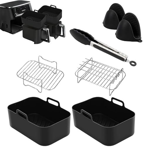 7 PCS Air Fryer Accessories, Silicone Liners for Ninja Dual AF400UK & Tower T17088 & AF300UK 21.5cm Reusable Air Fryer Baskets & Air Fryer Rack & Silicone Gloves & Silicone Tong