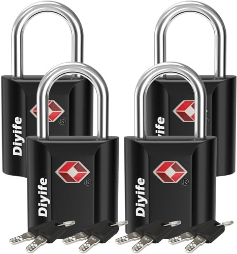 TSA Luggage Lock with Keys [4 Pack] - Diyife Heavy Duty Zinc Alloy Suitcase Padlock for Travel Bags and Cases - Black