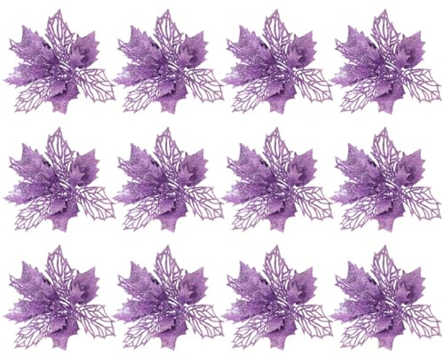 DEARMAMY 12 Stück Künstlicher Weihnachtsstern Mit Glitzer Lila Hohle Blumen Für Weihnachtsbaum Hochzeit Party Kranz Girlande DIY
