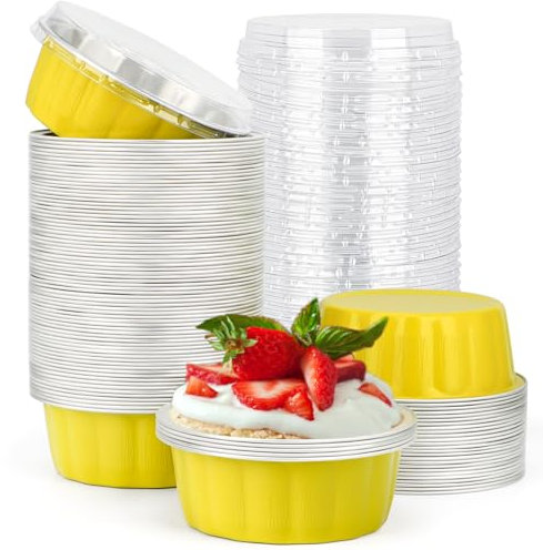 Beasea Lot de 100 ramequins jetables en aluminium pour la pâtisserie, 236,8 g, avec couvercles, jaune citron, pour crème brûlée, muffin, cupcakes, pudding, fête, mariage, anniversaire
