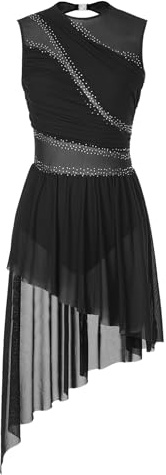 Oyolan Women's Girls Lyrical Dance Costume High Low Rhinestone Mesh Modern Contemporary Dance Dress Black M