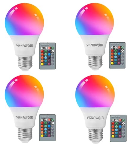 YKNAWOIR RGB Color Changing Light Bulb with Remote Control, RGBW LED Light Bulb A19 E27/E26 6500K White 9W 16 Color Choices Multicolor Dimmable Flood Light Bulbs for Party Bedroom Home - 4 Pack