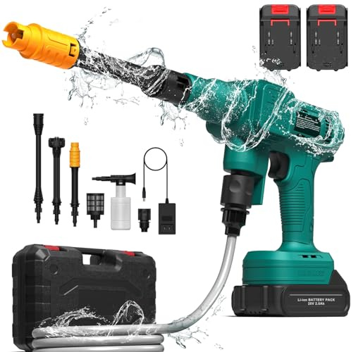 Geevorks Idropulitrice a Batteria 900PSI 62BAR,con 2 * 2.0Ah Batteria Ricaricabile Motore Brushless,Ugelli 6 in 1 idropulitrice batteria per Pulizia per la Pulizia del Patio,dell'Auto