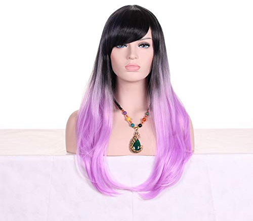 HBYLEE - 28 pollici moda nero biondo ombre parrucca con frangia capelli sintetici anime Cosplay parrucche ondulate lunghe per le donne resistenti al calore viola chiaro[Colore: viola chiaro]