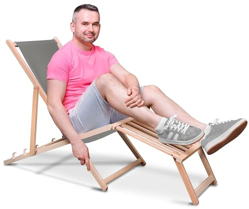 DreamRoots Liegestuhl klappbar Holz mit fußteil bis zu 130 kg belastbar, 3-Fach verstellbare Rückenlehne, waschbarer Polyesterbezug