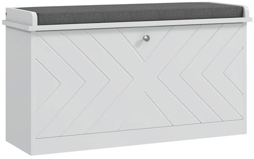 HOMCOM Panca Scarpiera con Ripiano Regolabile per 8 Paia di Scarpe e Cuscino, Scarpiera da Ingresso Salvaspazio con Cassetto Ribaltabile, Bianco