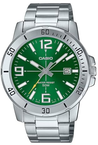 Casio MTP-VD01D-3BV Enticer - Orologio sportivo analogico casual in acciaio inox, da uomo, verde, verde, Verde