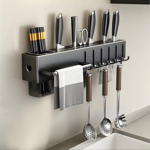 Portacoltelli per Montaggio a Parete,Porta Utensili da Cucina, con 6 Ganci, due Metodi di Installazione Autoadesivo/Perforazione, Bacchette Cave Rimovibili e Botte per Cucchiaio - 40 Cm - Nero