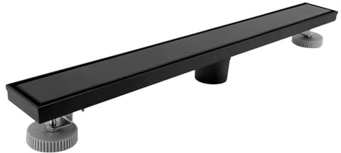 24in Caniveau Douche Italienne, 2 en 1 Caniveau Douche, drain de plancher de douche en acier inoxydable 304, avec grille, pieds de nivellement amovibles, filtre à cheveux (Noir mat)