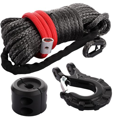 LDHHYH 1/4 Synthetic Winch Rope, 50 Ft Heavy Duty 10,000LBs Synthetic Winch Line Cable Rope with Hook, Universal Fit for Truck SUV Large Off-Road Vehicle (Black)
