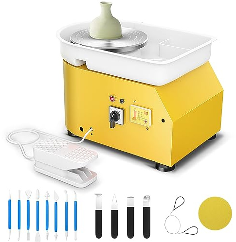 MINENICE Tornio per Ceramica,350W 25CM Tornio per Argilla con a velocità Regolabile 300rpm, Tornio Ceramica Elettrico con Pedali Ceramica, Kit Strumenti di Intaglio per Adulti, Bambini(Giallo)