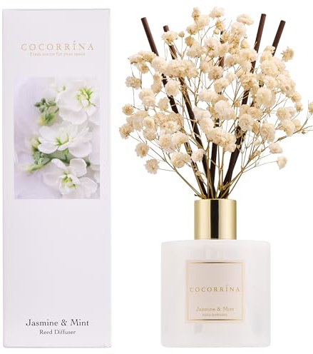 COCORRÍNA Diffuseur Parfum Maison, Jasmine & Mint 200ml avec Diffuseur Bâtonnets, Batonnets Diffuseur Parfum, Reed Diffuseur pour Salle de Bain, étagère Décoration